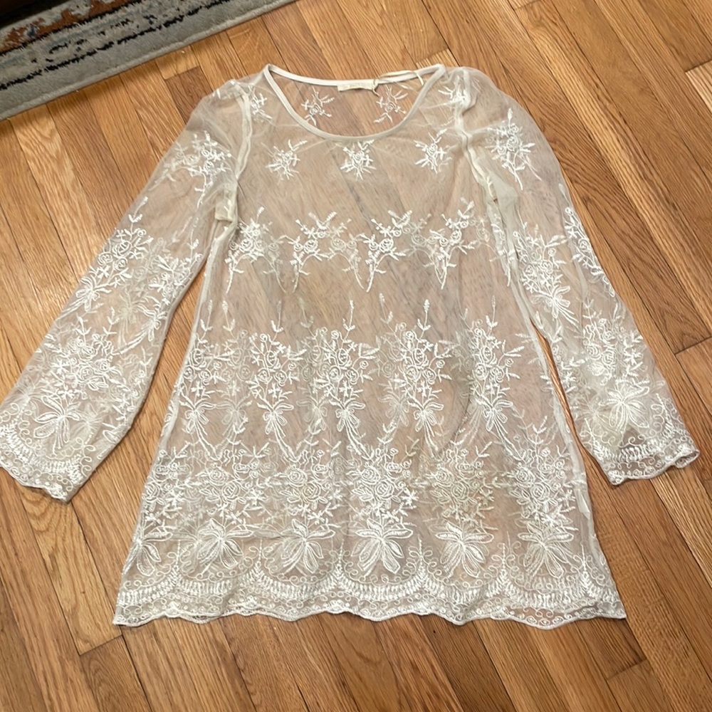 Free people White sheer lace crochet dress with embroidery